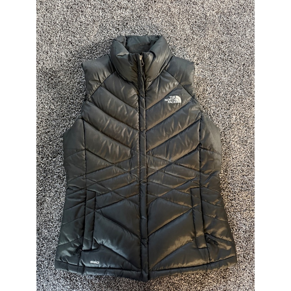 The North Face Womens 550 Down Puffer Vest Black Chevron Quilted TC8Q M